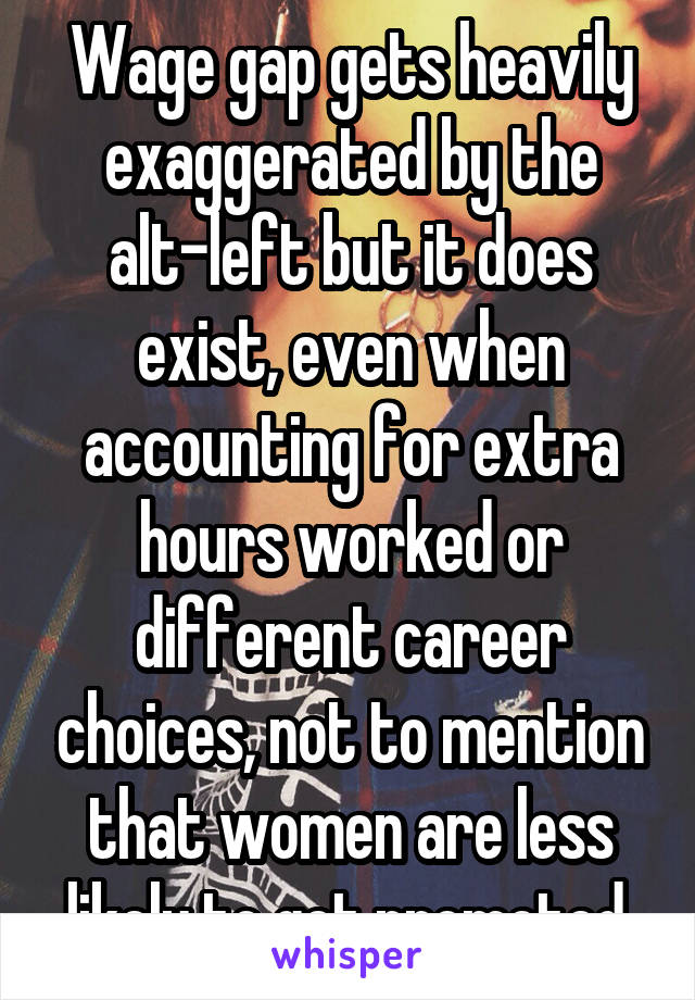 Wage gap gets heavily exaggerated by the alt-left but it does exist, even when accounting for extra hours worked or different career choices, not to mention that women are less likely to get promoted.