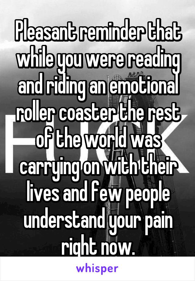 Pleasant reminder that while you were reading and riding an emotional roller coaster the rest of the world was carrying on with their lives and few people understand your pain right now.