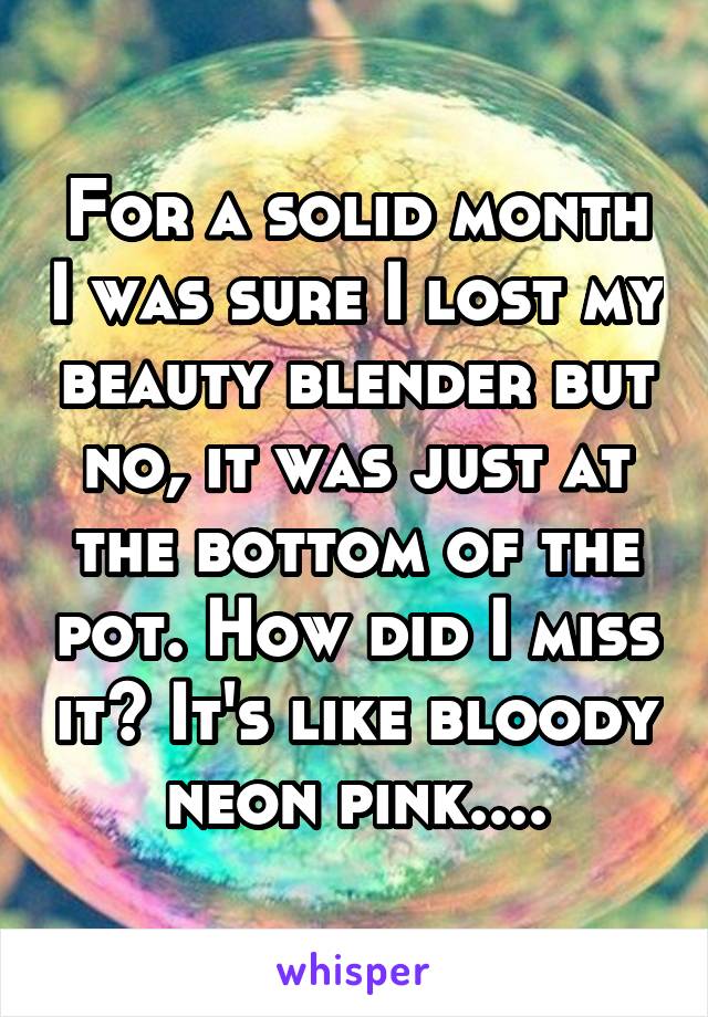 For a solid month I was sure I lost my beauty blender but no, it was just at the bottom of the pot. How did I miss it? It's like bloody neon pink....