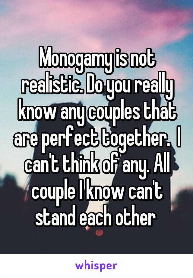 Monogamy is not realistic. Do you really know any couples that are perfect together.  I can't think of any. All couple I know can't stand each other 