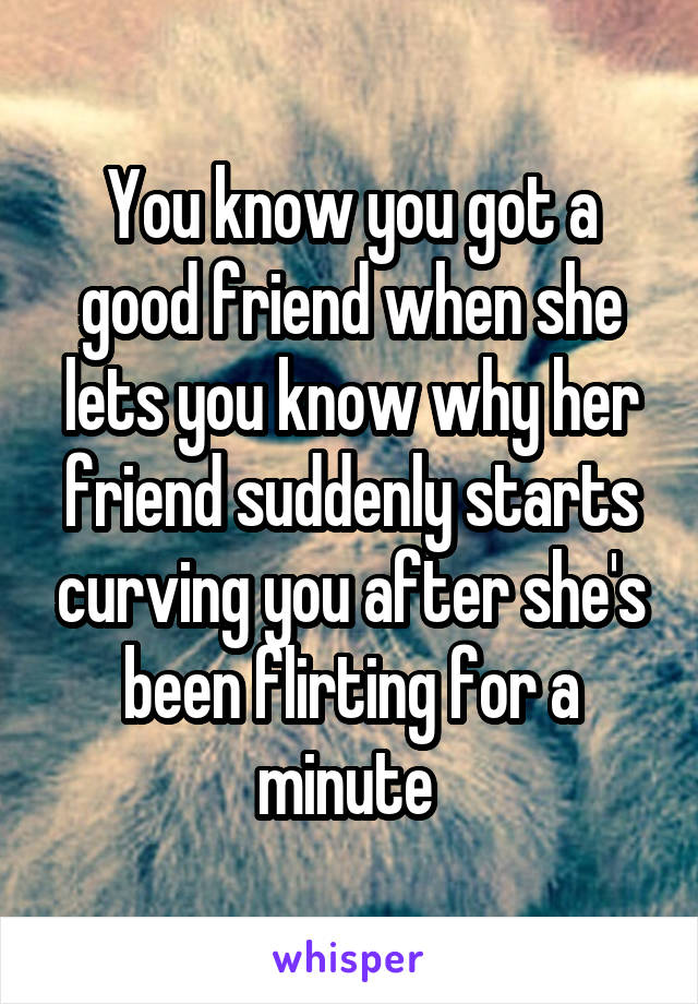 You know you got a good friend when she lets you know why her friend suddenly starts curving you after she's been flirting for a minute 