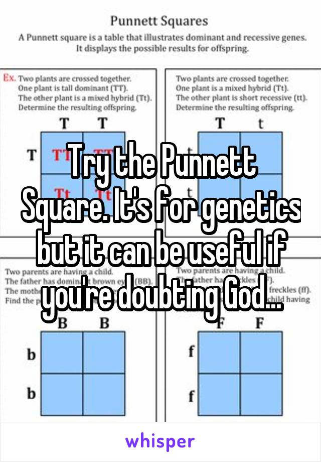 Try the Punnett Square. It's for genetics but it can be useful if you're doubting God...