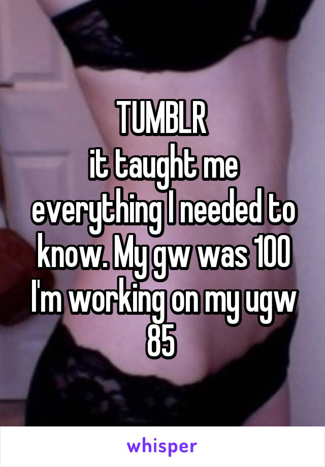 TUMBLR 
it taught me everything I needed to know. My gw was 100 I'm working on my ugw 85 