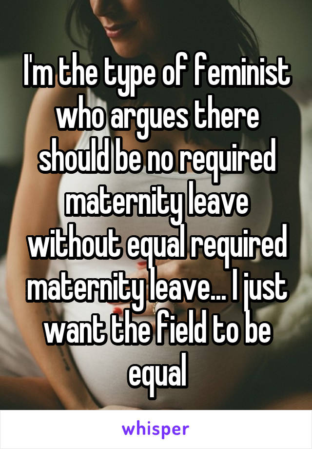 I'm the type of feminist who argues there should be no required maternity leave without equal required maternity leave... I just want the field to be equal