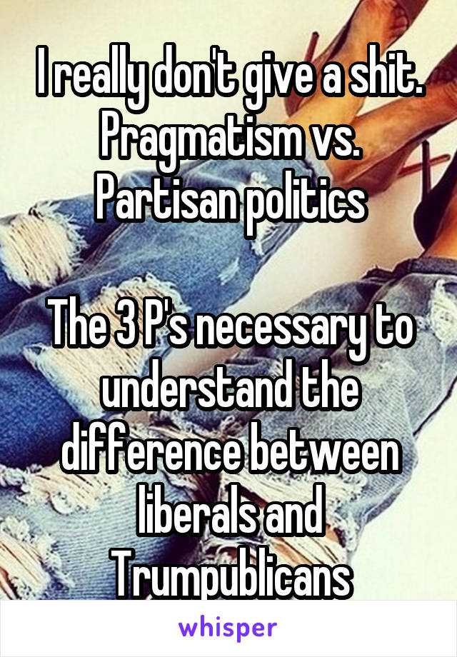 I really don't give a shit.
Pragmatism vs. Partisan politics

The 3 P's necessary to understand the difference between liberals and Trumpublicans