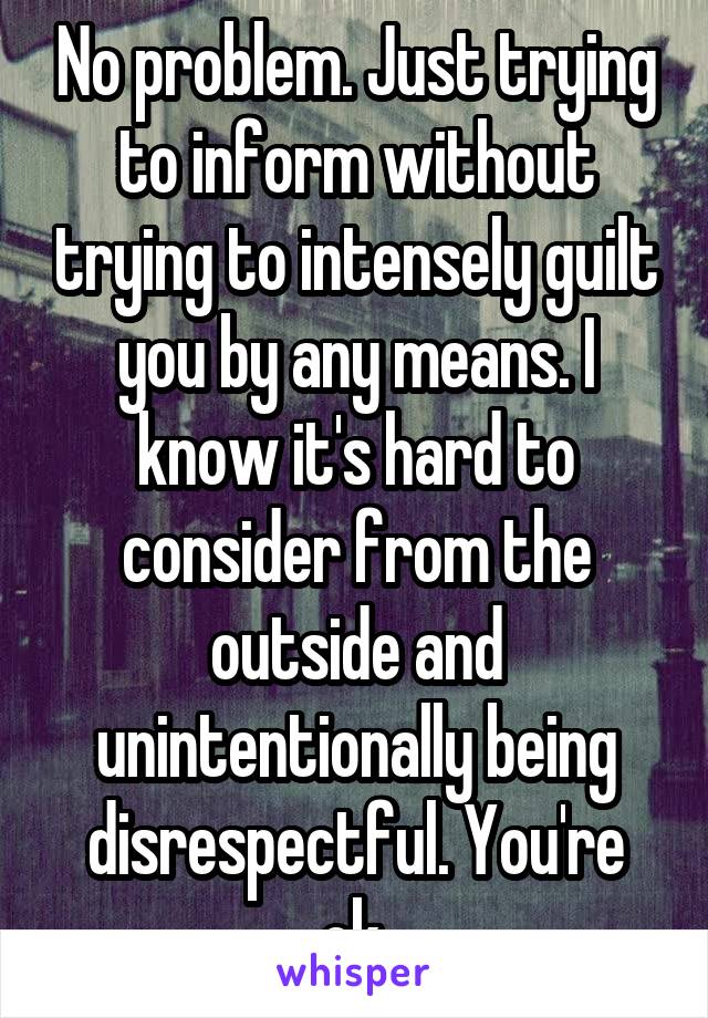 No problem. Just trying to inform without trying to intensely guilt you by any means. I know it's hard to consider from the outside and unintentionally being disrespectful. You're ok.