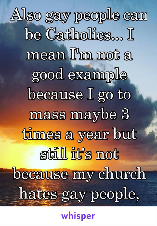 Also gay people can be Catholics... I mean I'm not a good example because I go to mass maybe 3 times a year but still it's not because my church hates gay people, I'm just lazy...