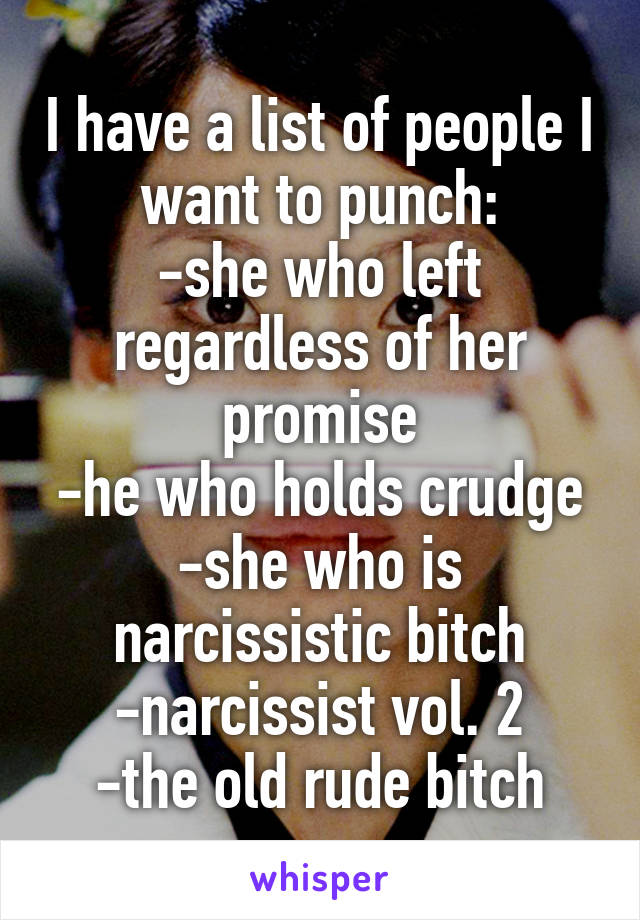 I have a list of people I want to punch:
-she who left regardless of her promise
-he who holds crudge
-she who is narcissistic bitch
-narcissist vol. 2
-the old rude bitch