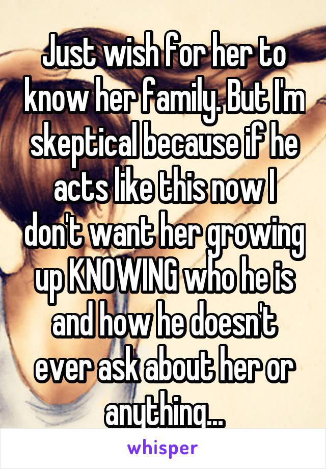 Just wish for her to know her family. But I'm skeptical because if he acts like this now I don't want her growing up KNOWING who he is and how he doesn't ever ask about her or anything...