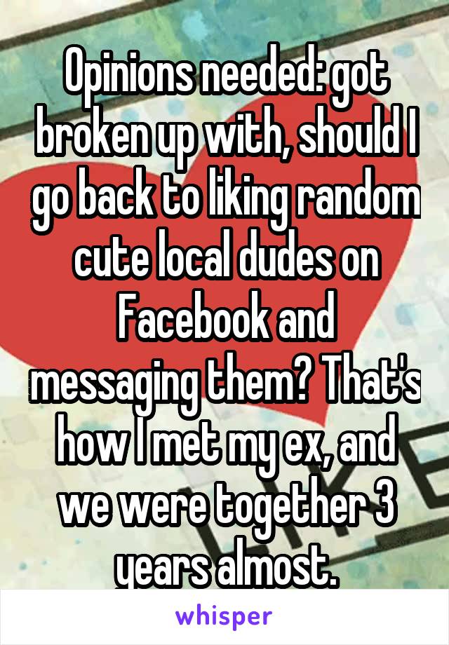Opinions needed: got broken up with, should I go back to liking random cute local dudes on Facebook and messaging them? That's how I met my ex, and we were together 3 years almost.