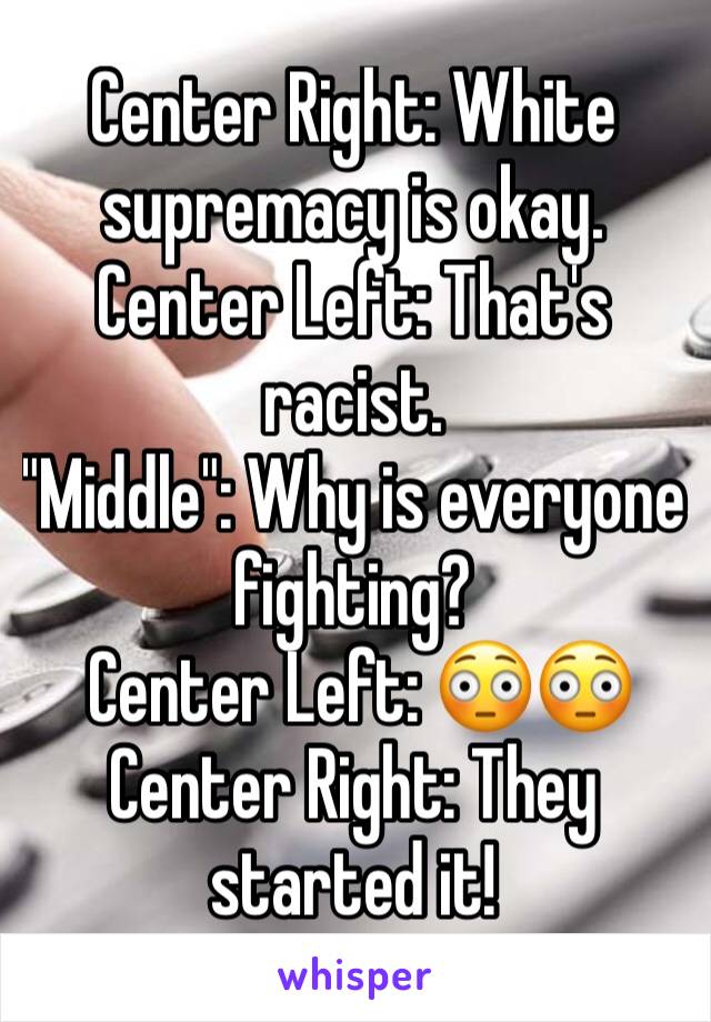 Center Right: White supremacy is okay.
Center Left: That's racist.
"Middle": Why is everyone fighting?
 Center Left: 😳😳
Center Right: They started it!