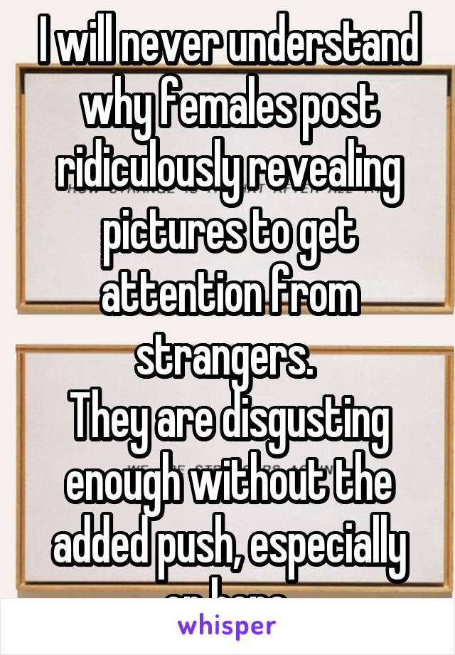 I will never understand why females post ridiculously revealing pictures to get attention from strangers. 
They are disgusting enough without the added push, especially on here.