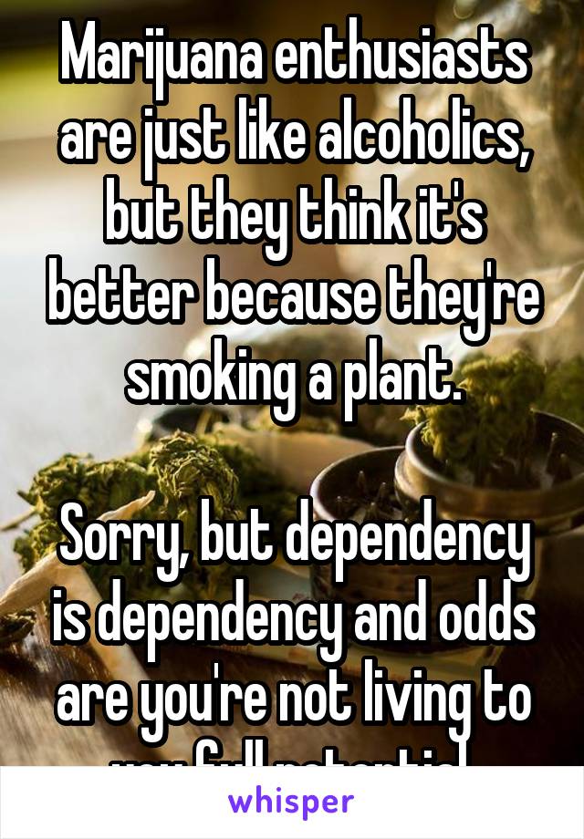 Marijuana enthusiasts are just like alcoholics, but they think it's better because they're smoking a plant.

Sorry, but dependency is dependency and odds are you're not living to you full potential.