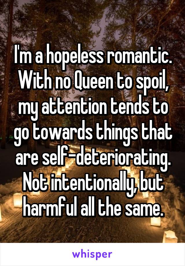 I'm a hopeless romantic. With no Queen to spoil, my attention tends to go towards things that are self-deteriorating. Not intentionally, but harmful all the same.
