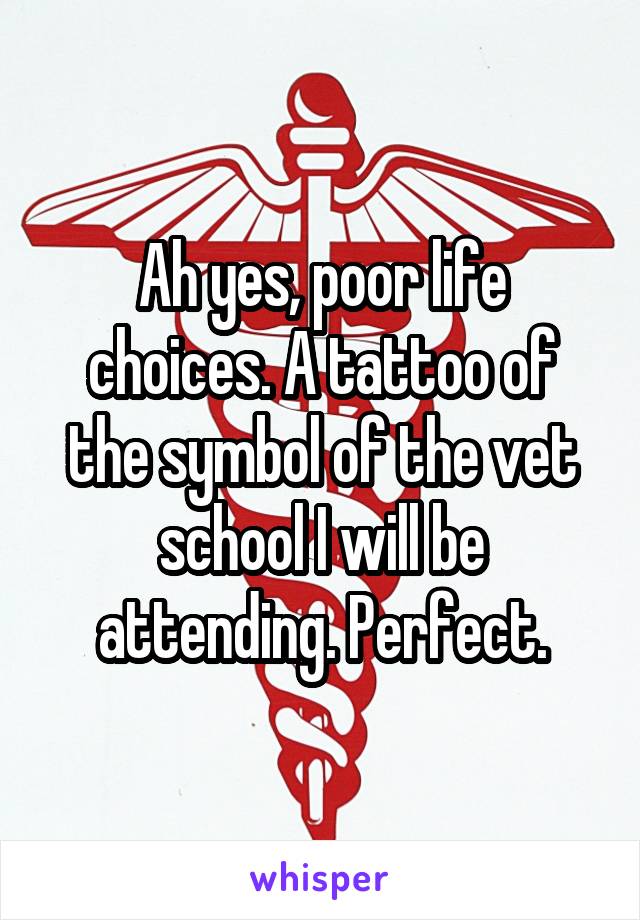 Ah yes, poor life choices. A tattoo of the symbol of the vet school I will be attending. Perfect.
