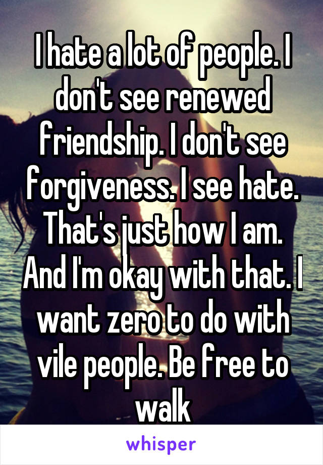 I hate a lot of people. I don't see renewed friendship. I don't see forgiveness. I see hate. That's just how I am. And I'm okay with that. I want zero to do with vile people. Be free to walk