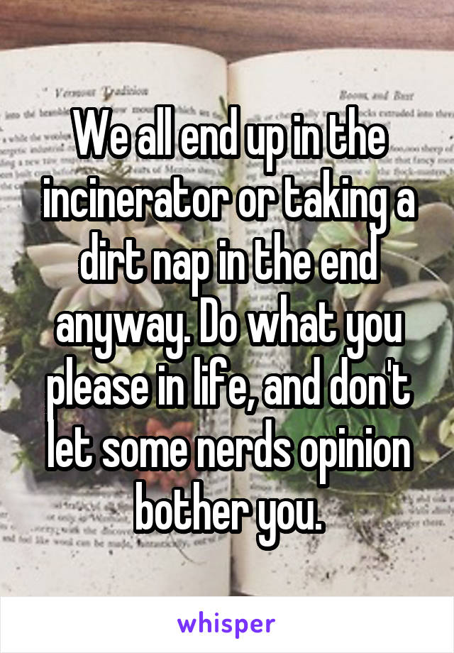 We all end up in the incinerator or taking a dirt nap in the end anyway. Do what you please in life, and don't let some nerds opinion bother you.