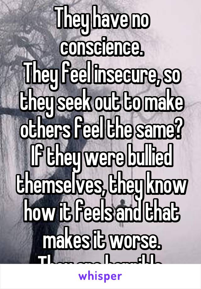 They have no conscience.
They feel insecure, so they seek out to make others feel the same?
If they were bullied themselves, they know how it feels and that makes it worse.
They are horrible.
