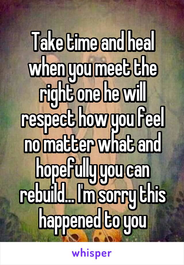 Take time and heal when you meet the right one he will respect how you feel no matter what and hopefully you can rebuild... I'm sorry this happened to you