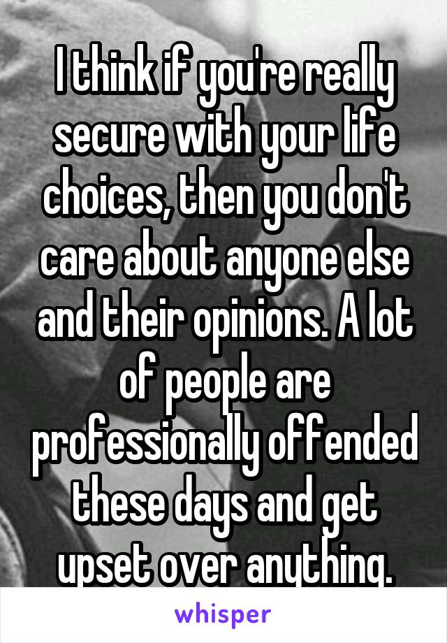I think if you're really secure with your life choices, then you don't care about anyone else and their opinions. A lot of people are professionally offended these days and get upset over anything.