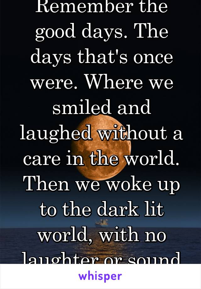 Remember the good days. The days that's once were. Where we smiled and laughed without a care in the world. Then we woke up to the dark lit world, with no laughter or sound to be heard.