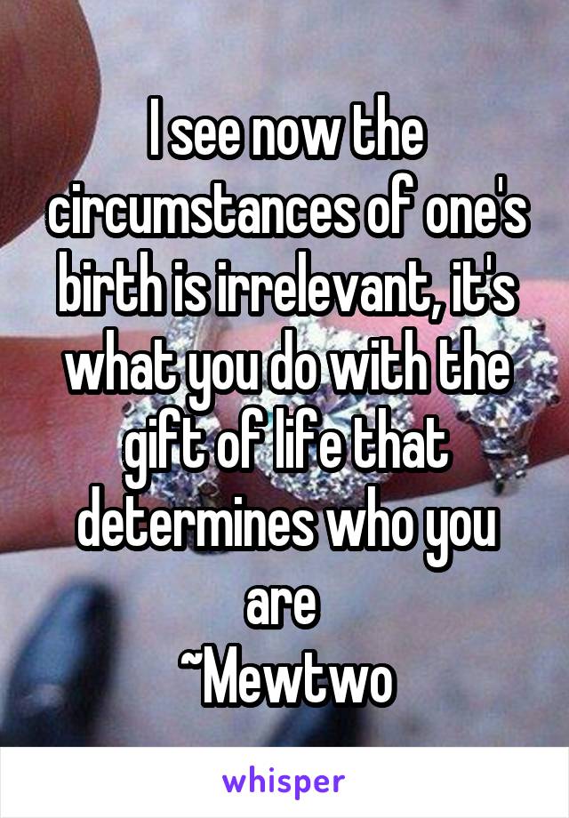 I see now the circumstances of one's birth is irrelevant, it's what you do with the gift of life that determines who you are 
~Mewtwo