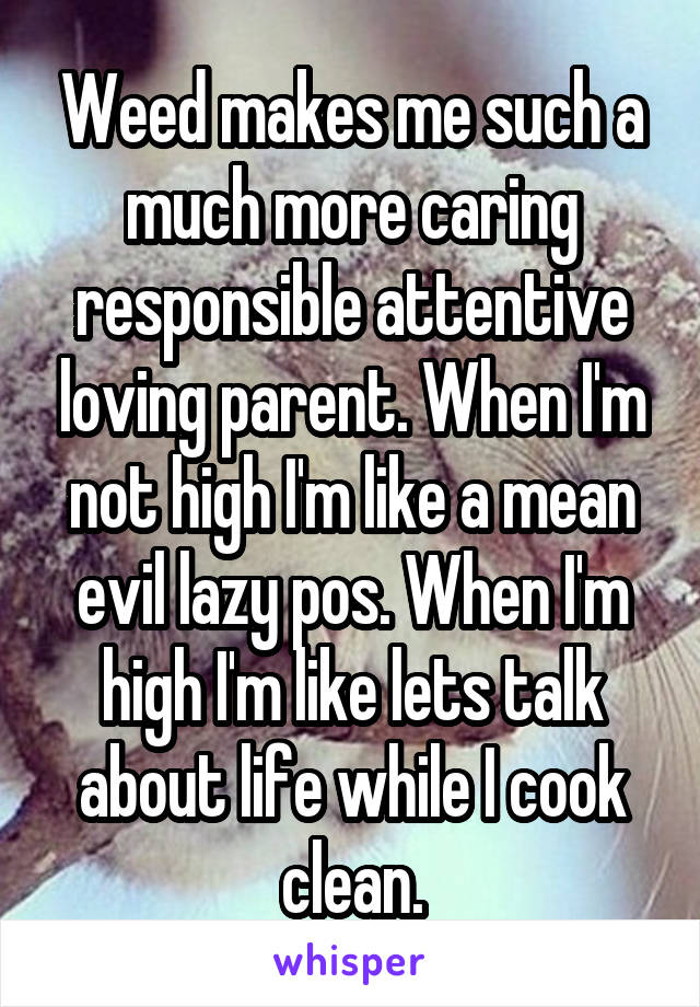 Weed makes me such a much more caring responsible attentive loving parent. When I'm not high I'm like a mean evil lazy pos. When I'm high I'm like lets talk about life while I cook clean.