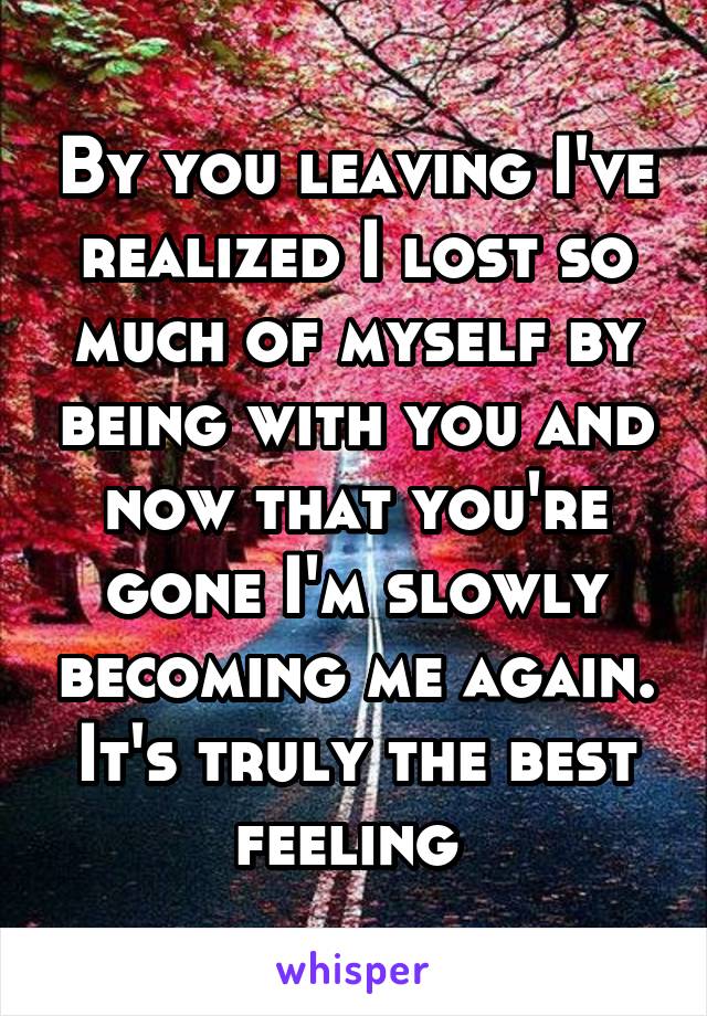 By you leaving I've realized I lost so much of myself by being with you and now that you're gone I'm slowly becoming me again. It's truly the best feeling 