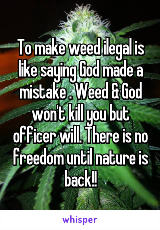 To make weed ilegal is like saying God made a mistake . Weed & God won't kill you but officer will. There is no freedom until nature is back!!