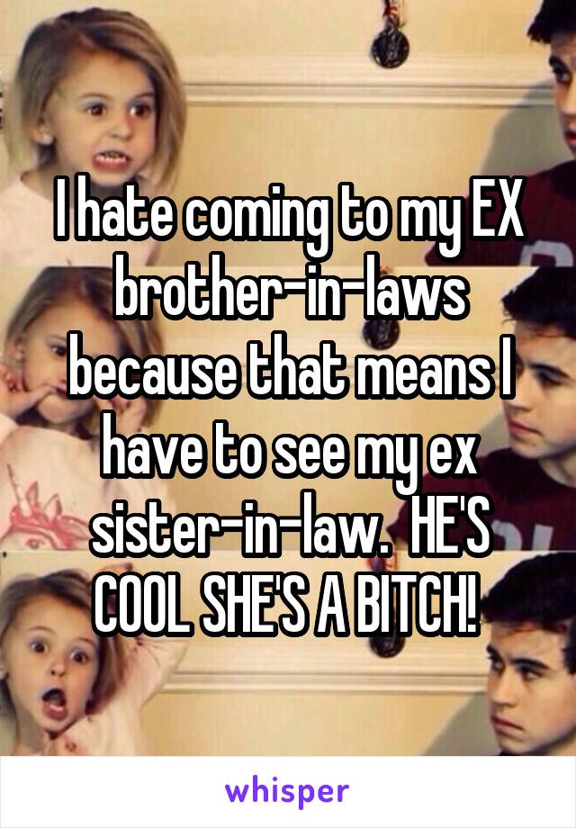 I hate coming to my EX brother-in-laws because that means I have to see my ex sister-in-law.  HE'S COOL SHE'S A BITCH! 