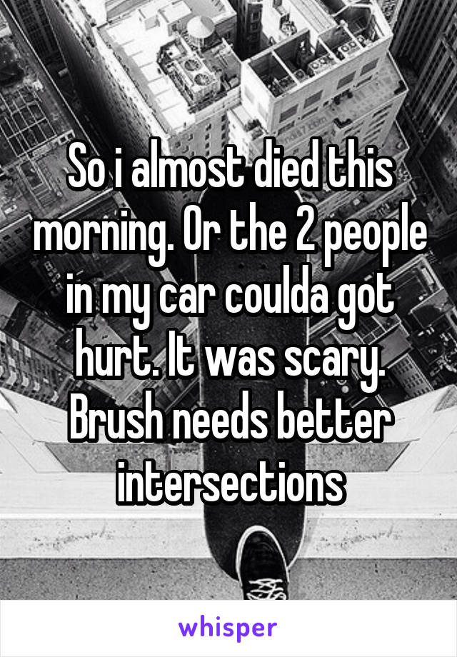 So i almost died this morning. Or the 2 people in my car coulda got hurt. It was scary. Brush needs better intersections