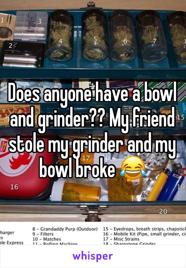 Does anyone have a bowl and grinder?? My friend stole my grinder and my bowl broke 😂 