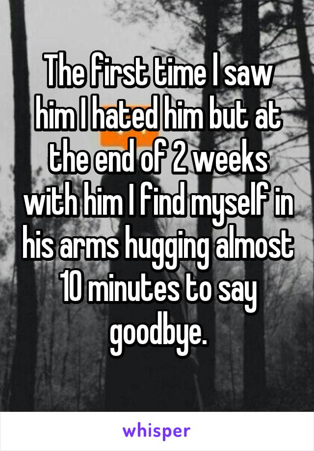 The first time l saw him I hated him but at the end of 2 weeks with him I find myself in his arms hugging almost 10 minutes to say goodbye.
