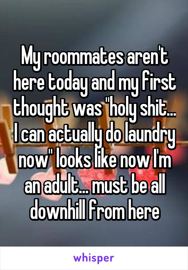 My roommates aren't here today and my first thought was "holy shit... I can actually do laundry now" looks like now I'm an adult... must be all downhill from here