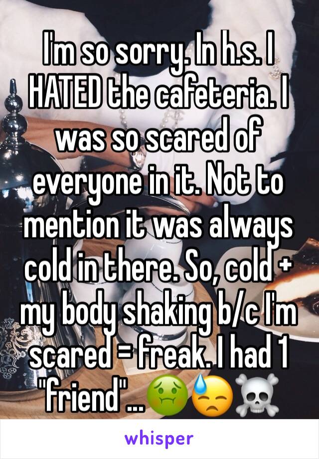 I'm so sorry. In h.s. I HATED the cafeteria. I was so scared of everyone in it. Not to mention it was always cold in there. So, cold + my body shaking b/c I'm scared = freak. I had 1 "friend"...🤢😓☠️