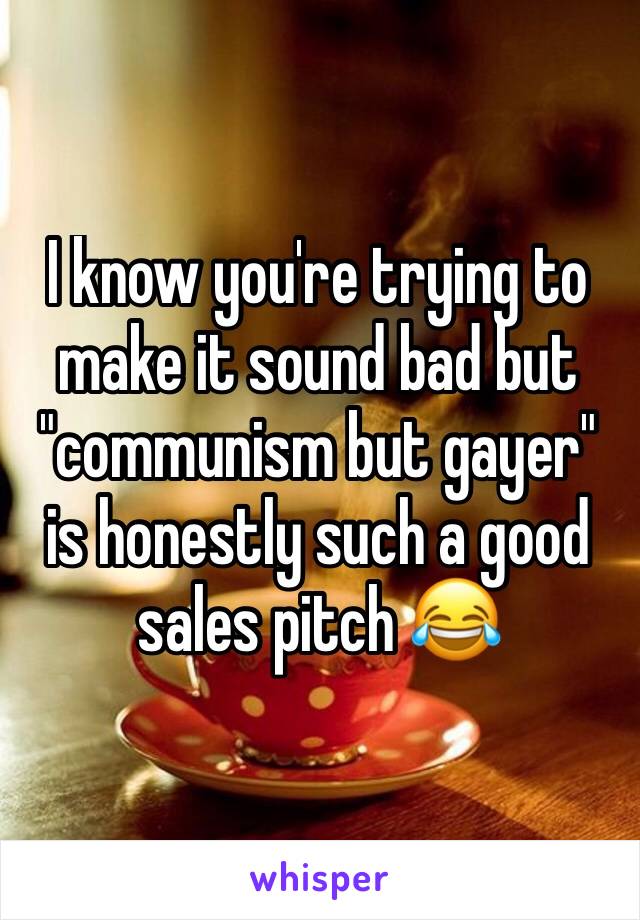 I know you're trying to make it sound bad but "communism but gayer" is honestly such a good sales pitch 😂