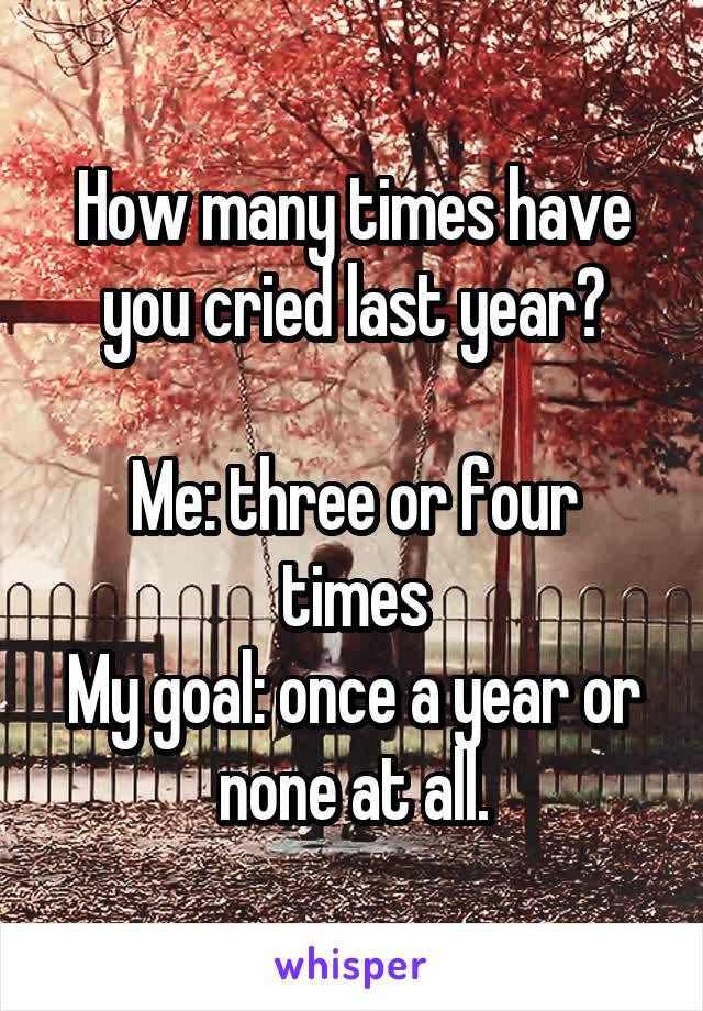 How many times have you cried last year?

Me: three or four times
My goal: once a year or none at all.