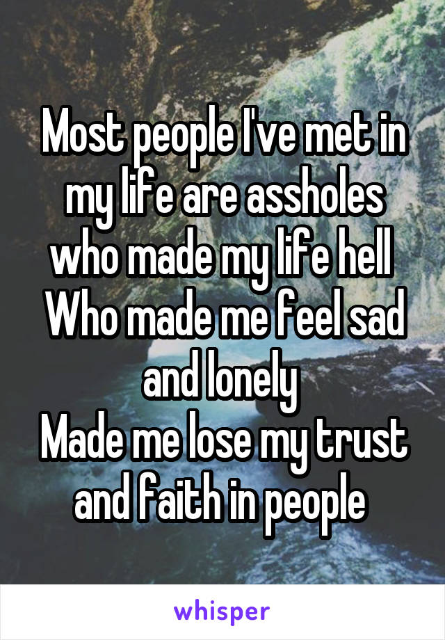 Most people I've met in my life are assholes who made my life hell 
Who made me feel sad and lonely 
Made me lose my trust and faith in people 