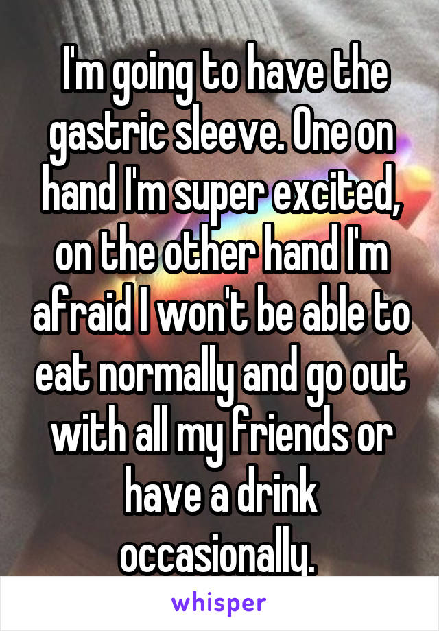  I'm going to have the gastric sleeve. One on hand I'm super excited, on the other hand I'm afraid I won't be able to eat normally and go out with all my friends or have a drink occasionally. 