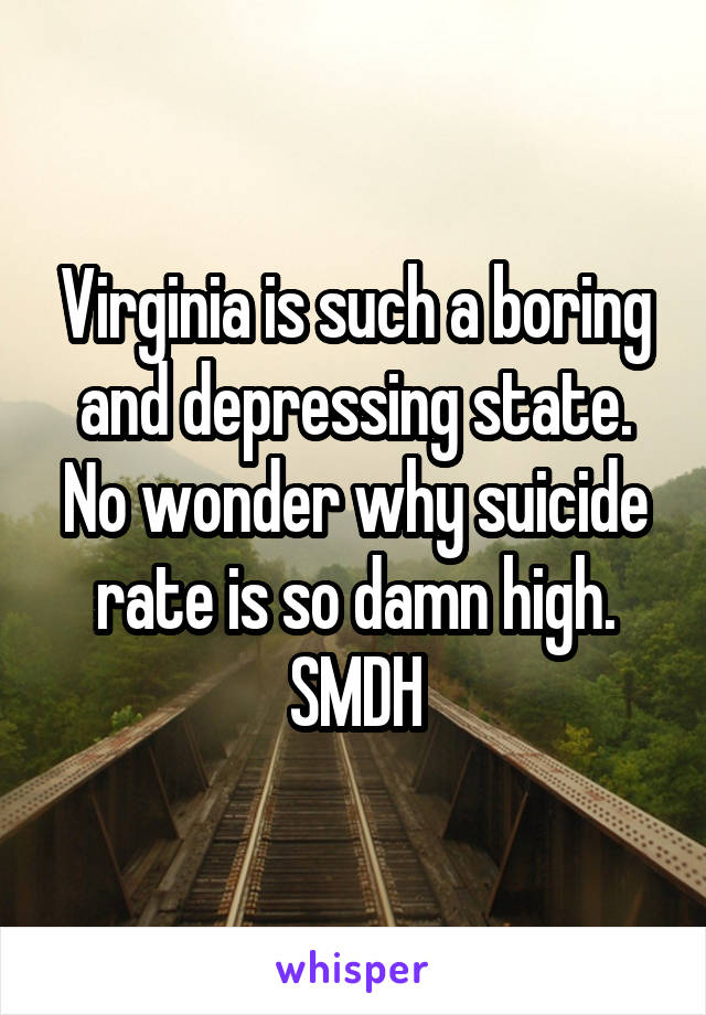 Virginia is such a boring and depressing state. No wonder why suicide rate is so damn high. SMDH