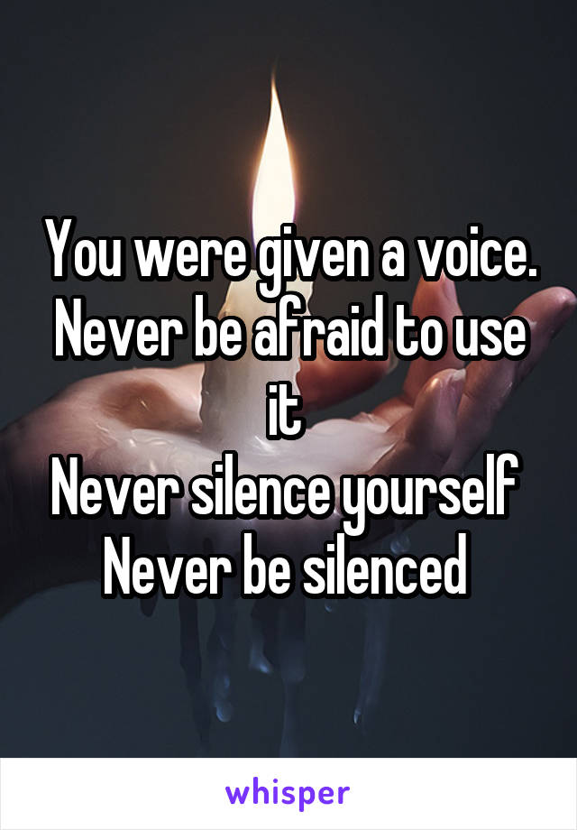 You were given a voice. Never be afraid to use it 
Never silence yourself 
Never be silenced 