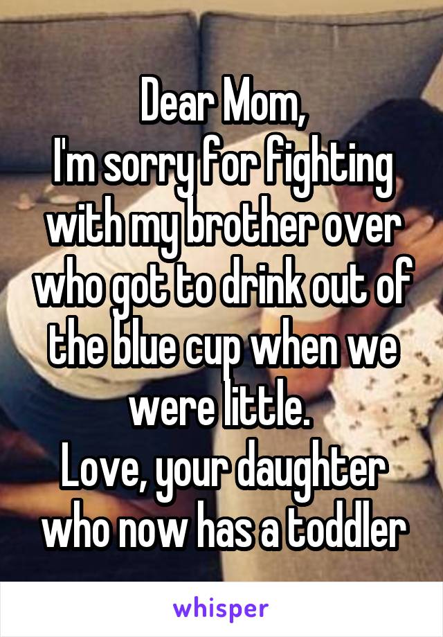 Dear Mom,
I'm sorry for fighting with my brother over who got to drink out of the blue cup when we were little. 
Love, your daughter who now has a toddler