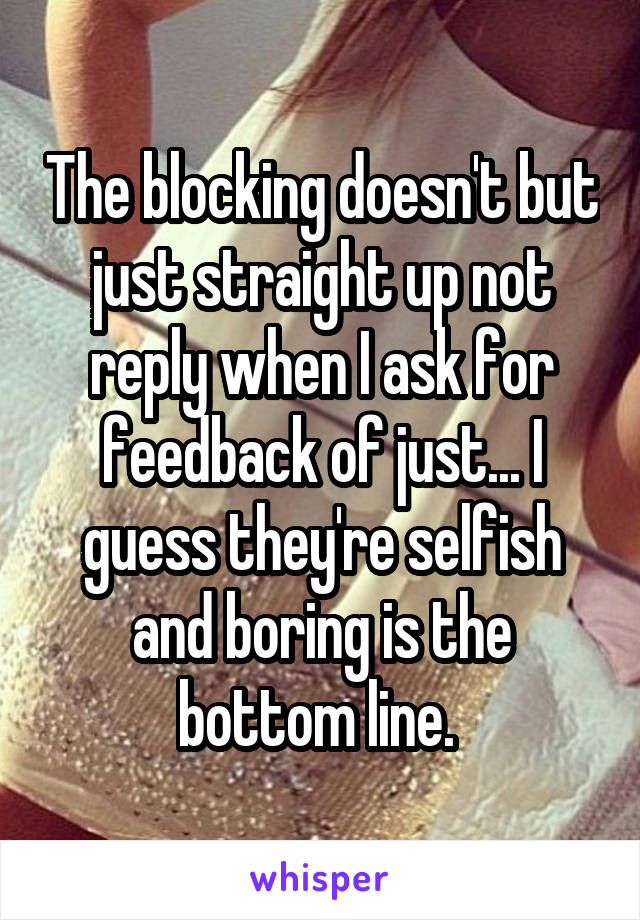 The blocking doesn't but just straight up not reply when I ask for feedback of just... I guess they're selfish and boring is the bottom line. 