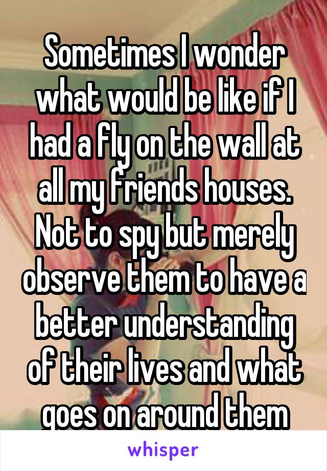 Sometimes I wonder what would be like if I had a fly on the wall at all my friends houses. Not to spy but merely observe them to have a better understanding of their lives and what goes on around them