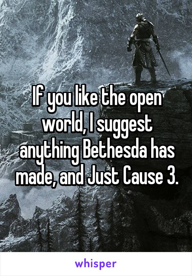 If you like the open world, I suggest anything Bethesda has made, and Just Cause 3.