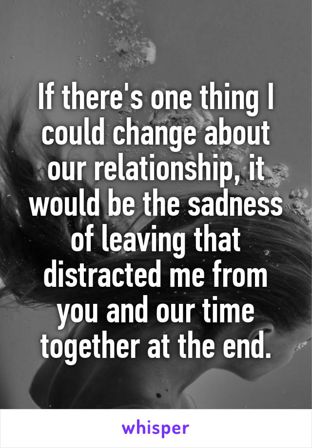 If there's one thing I could change about our relationship, it would be the sadness of leaving that distracted me from you and our time together at the end.