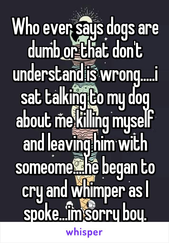 Who ever says dogs are dumb or that don't understand is wrong.....i sat talking to my dog about me killing myself and leaving him with someome....he began to cry and whimper as I spoke...im sorry boy.