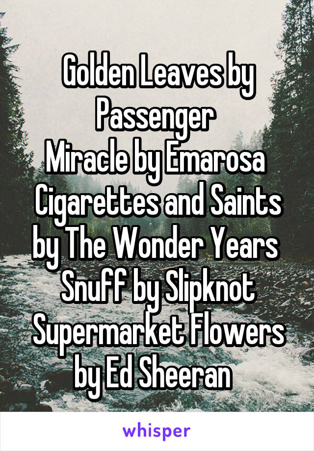 Golden Leaves by Passenger 
Miracle by Emarosa 
Cigarettes and Saints by The Wonder Years 
Snuff by Slipknot
Supermarket Flowers by Ed Sheeran  