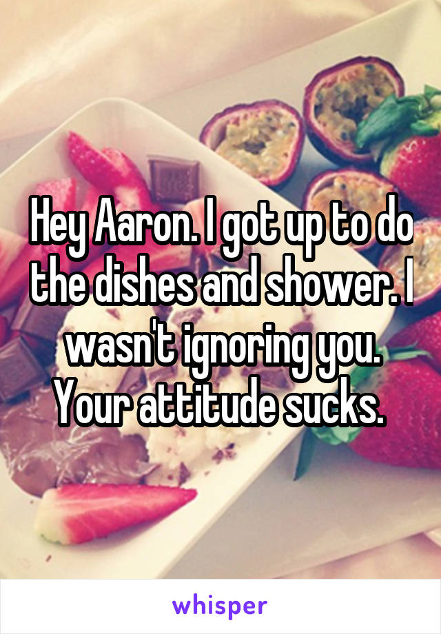 Hey Aaron. I got up to do the dishes and shower. I wasn't ignoring you. Your attitude sucks. 