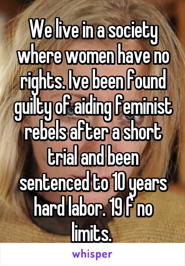 We live in a society where women have no rights. Ive been found guilty of aiding feminist rebels after a short trial and been sentenced to 10 years hard labor. 19 f no limits. 